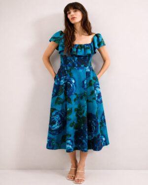 Blue Floral Ruffle Midi Dress