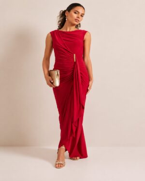 Petite Red Ruched Maxi Dress