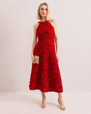 Red 3D Floral Midaxi Dress