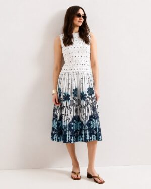 White Shirred Floral Midi Dress